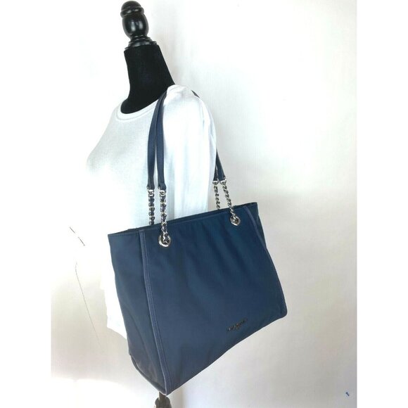 Karl Lagerfeld Paris Large Navy Blue Nylon Tote Chain Handles Shoulder Bag - Picture 2 of 12